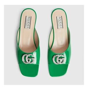 Gucci Size 37/ 7 Double G Crystals Slip On Patent Leather Green Flat Sandal NIB